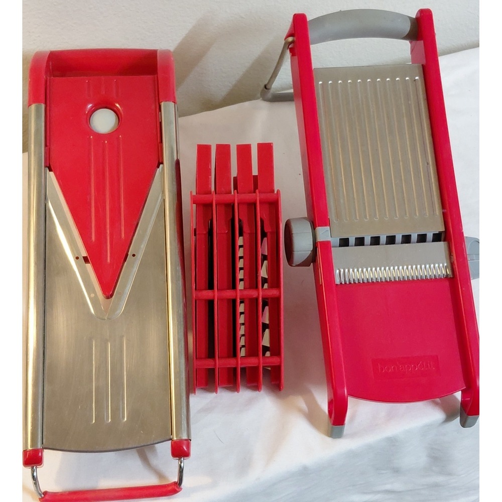 Lot of 2 Mandoline Food Slicers Red - Bon Appetit w/ 4 Blades & Prepology Set